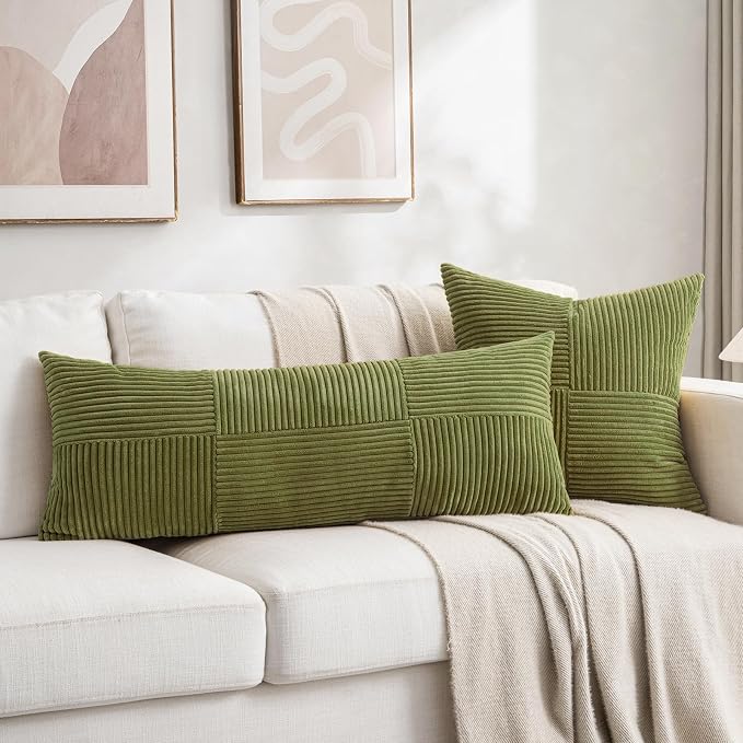 Fancy Homi Moss Green Decorative Throw Pillow Covers 20x20 Inch for Living Room Couch Bed Sofa, Farmhouse Boho Home Decor, Soft Corss Corduroy Patchwork Accent Square Cushion Case 50x50 cm