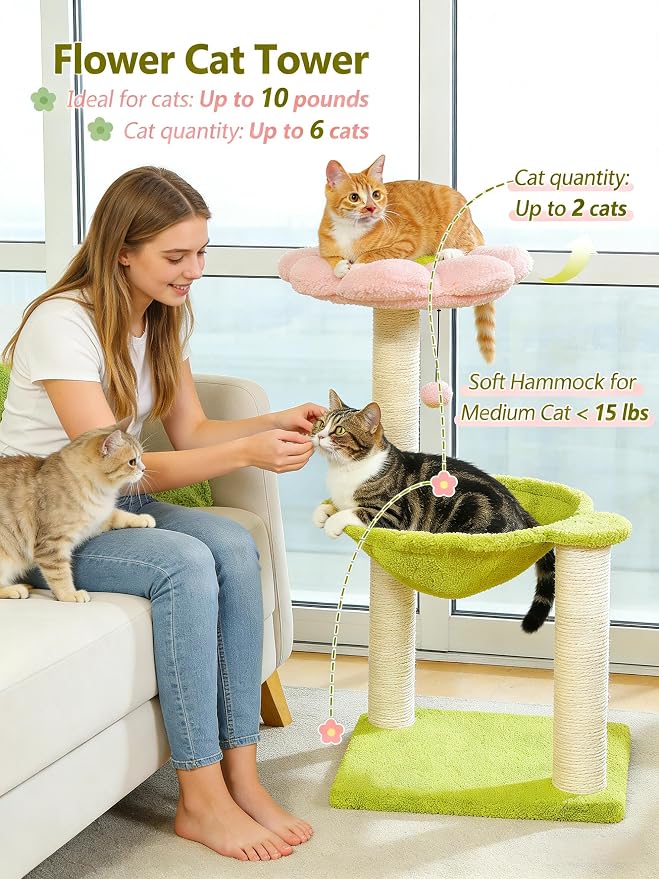 Flower Cat Tree, 28" Cat Tower with Cozy Flower Perch, Large Hammock for Indoor Small Cats, Cute Cat Tree with Sisal Scratching Post and Fur Toy Ball for Kittens, Pink | Plush flower perch, Metal frame hammock, Sisal post, Fluffy toy ball, Thickened st...