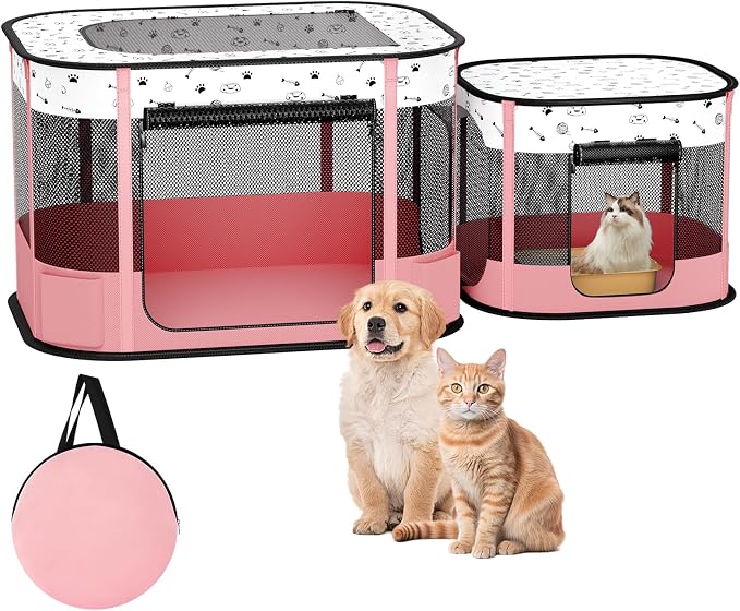 Portable Cat Playpen, 8-Rod Reinforced Kitten Dog Playpens, Foldable Play Pen for Indoor Cats Enclosed Pet Puppy Doggy Outdoor, Collapsible Tent Kennel Cage, Pink
