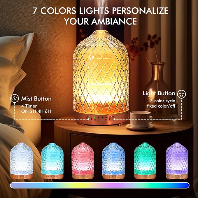 Essential Oil Diffuser for Home- 200ml Aromatherapy Diffuser for Essential Oils with 4 Timer, 7 Color LED Lights Waterless Auto Shut-Off for Home Office Décor Gifts for Women