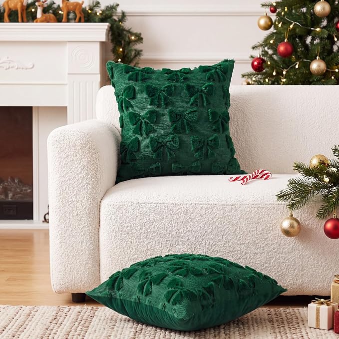 Mixweer Green Bow Pillow Covers Set of 2 Preppy Room Decor Coquette Cute Spring Summer Decorative Faux Fur Soft Bowknot Stuff Fluffy Plush Aesthetic Pillowcase for Bed Sofa Couch (20 x 20 Inch)