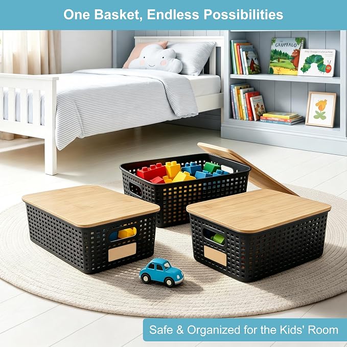 Small Plastic Storage Bins with Bamboo Lids 5.2qt Stackable Box Basket Pantry Decorative Containers Cute with Lable for Organizing Desktop Closet Office Black of 6 packs 10 * 7.2 * 4.1"