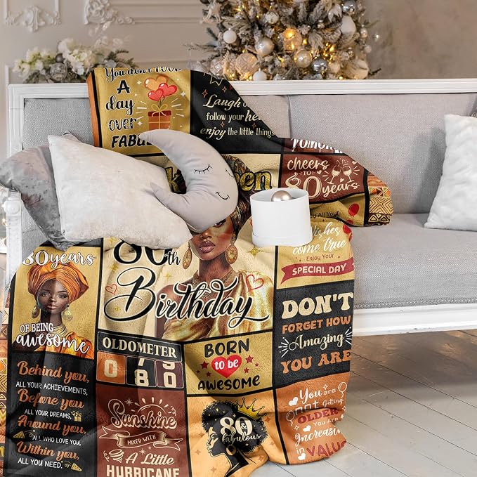 African American 80th Birthday Gifts for Women Blanket 60"X50", Encouragement Inspirational Bday Gift, 80 Year Old Birthday Gifts for Black Women Mom Lady Girl Friend
