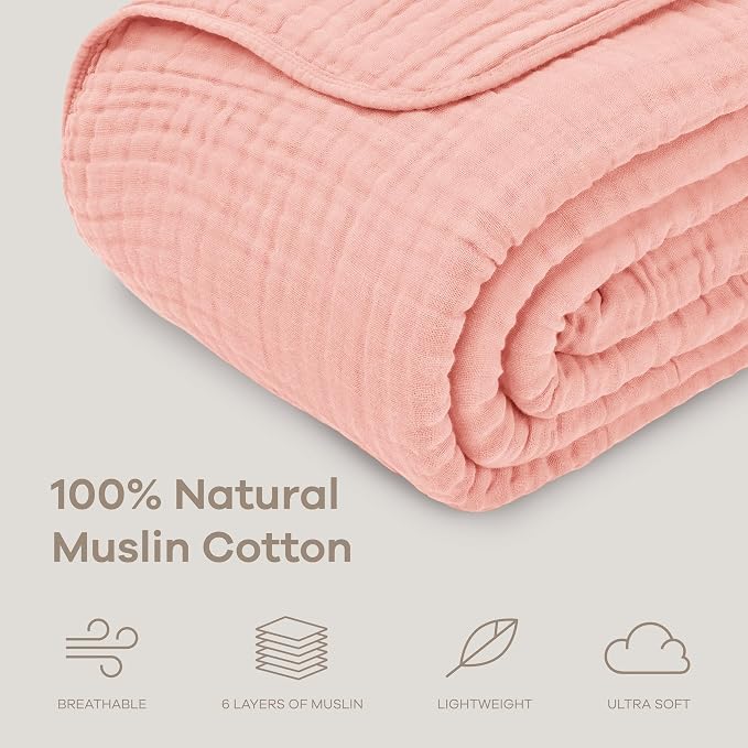 Comfy Cubs Adult Muslin Blanket 90x66” Twin Swaddle Blankets, Bold Blush | 6 Layer Soft, Breathable & Lightweight Muslin Adult Blanket - Machine Washable & Designed in the US Bedding for All Seasons
