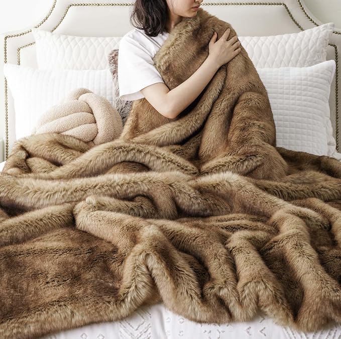 BATTILO Luxury Ochre Faux Fur Throw Blanket for Couch, Home Decor, 50"x60" | Soft Cozy Mink Plush Warm Elegant Fuzzy Furry Fluffy Faux Fur Blanket for Bed, Sofa, Living Room, Long Pile