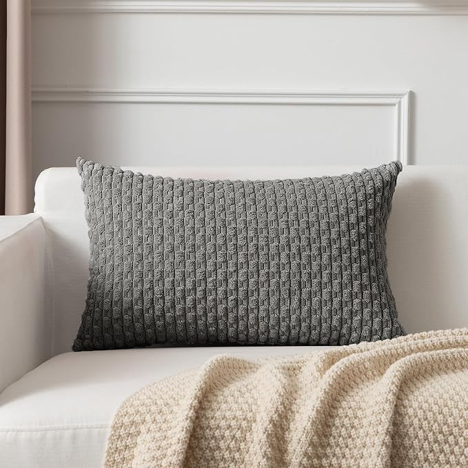 Kevin Textile Soft Corduroy 14"x20" Lumbar Pillow Cover 1 Pack, Dark Grey | Boho Stripe Plush Corduroy Decorative Oblong Cushion Cover Modern Farmhouse Home Decor for Sofa Couch Bed Chair