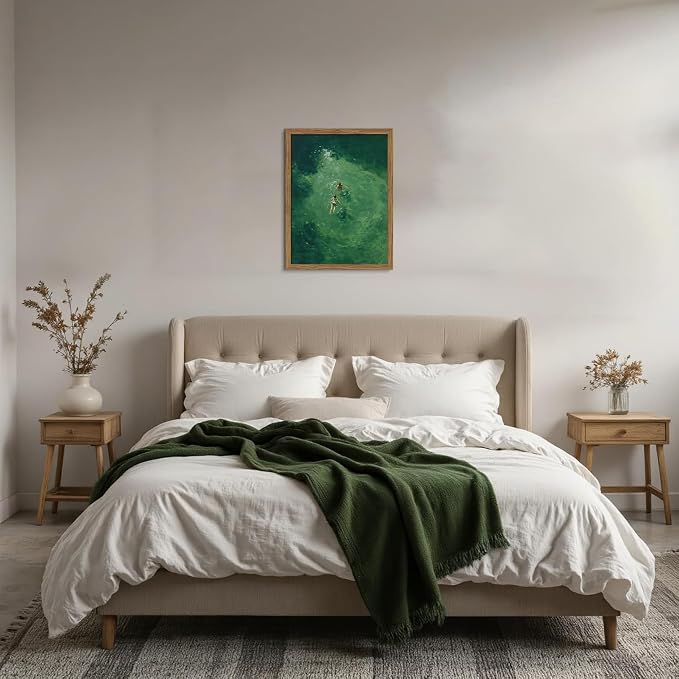 Framed Green Abstract Wall Art, Vintage Summer Swimming Canvas Wall Decor Painting, Minimalist Dark Green Water Landscape Poster Print Picture for Bathroom Bedroom Living Room 12x16 Inch