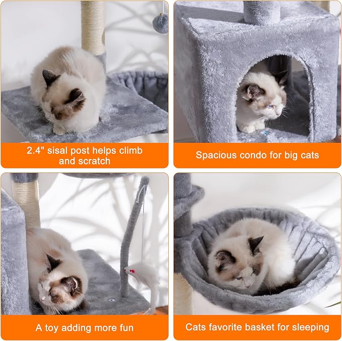 Heybly Cat Tree with Toy, 43.3 inch Cat Tower for Indoor Cats HCT004W | Cat Condo with Durable Sisal Scratching Posts, Cat House with Padded Plush Perch, Cozy Hammock, Light Gray