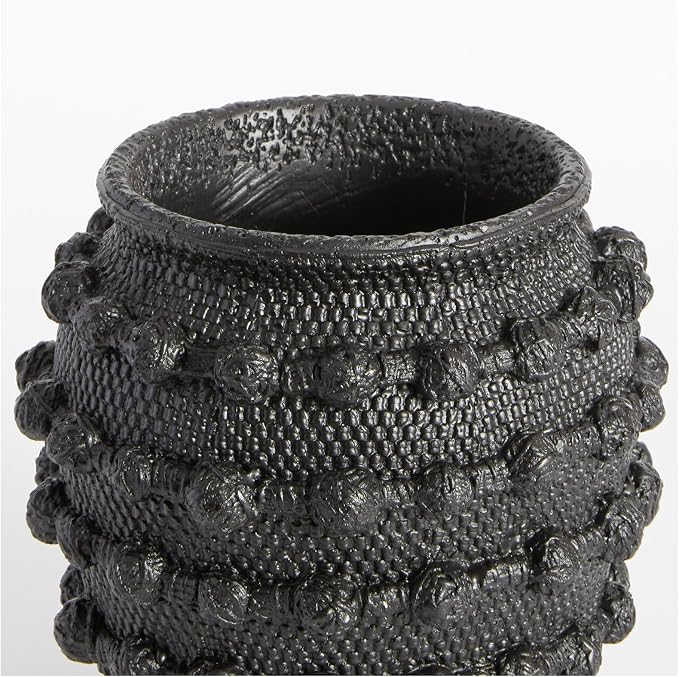 DN DECONATION Black Rustic Farmhouse Vase, 6.3" Flower Vase for Home Decor | Textured Boho Vase, Cement Decorative Flower Vases with Rope Knots for Living Room, Table Centerpiece, Shelf, Mantel Decor
