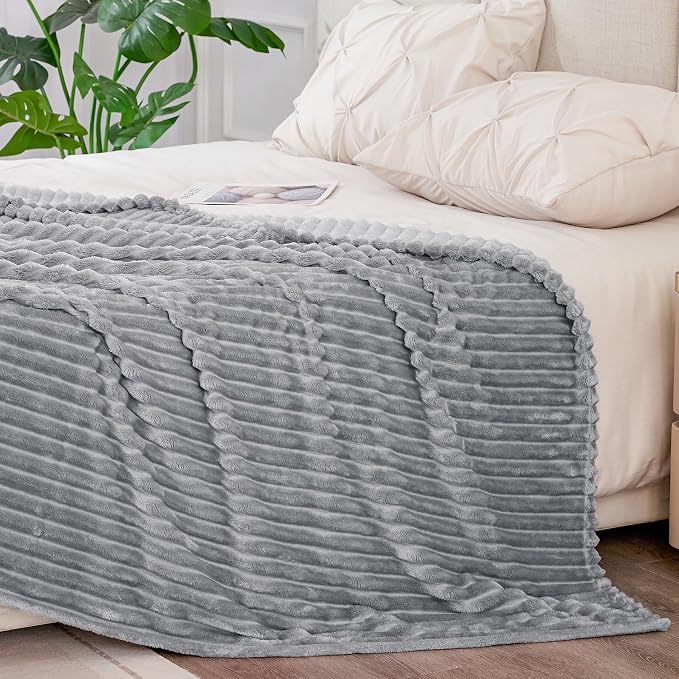 BEDELITE 3D Ribbed Jacquard Grey King Size Blankets for Bed, 108x90 Inch | Soft Warm Decorative Fluffy Blanket, Cozy Fuzzy Lightweight Plush Fleece Throw Blankets for Bed, Room Decor, Gift for Women