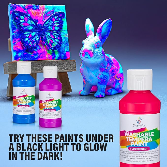 Neon Fluorescent Washable Tempera Paint – UV-Reactive Under Blacklight, 6 Bright Colors, 4 fl oz Bottles, Non-Toxic Kid-Safe Craft & Classroom Paint, Made in USA