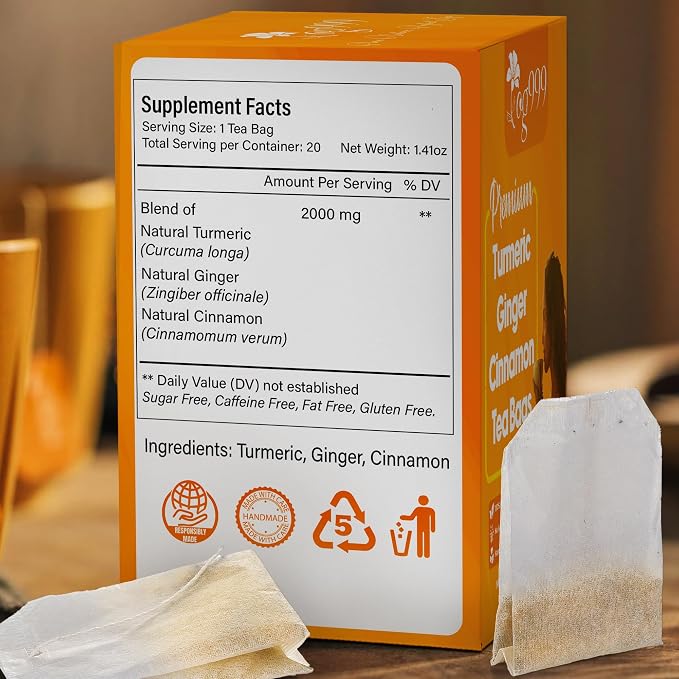 TOG999, Premium 15 Tea Bags Turmeric, Ginger, Cinnamon, 100% Natural, Hand-made Blend of Turmeric, Ginger, and Cinnamon Herbal Tea. Eco-conscious Tea Bags. No Sugar, No Caffeine, No Gluten, Vegan.