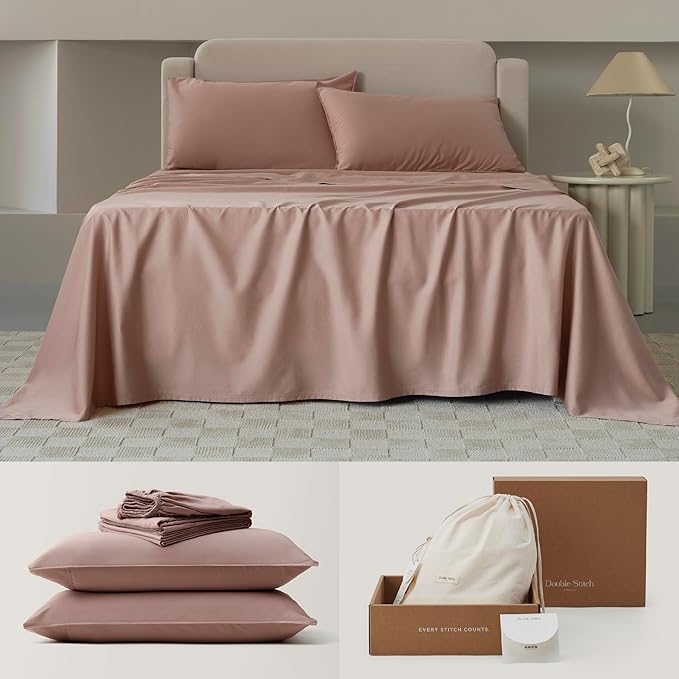 Double Stitch Cotton Tencel Sheet - Bed Sheets Set Queen Size, 4Pc Luxury Hotel Bedding Set, Soft, Cooling & Breathable for Hot Sleepers, Deep Pocket Up to 16 Inches, Dusty Mauve