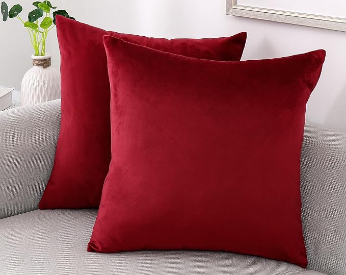 NiNi ALL Burgundy Red Velvet Throw Pillow Covers 18x18 Pack of 2 Decorative | Soft Solid Boho Cushion Squar Pillow Cases for Chair Sofa Bedroom Farmhouse Living room Modern Luxury Home Decor Christmas