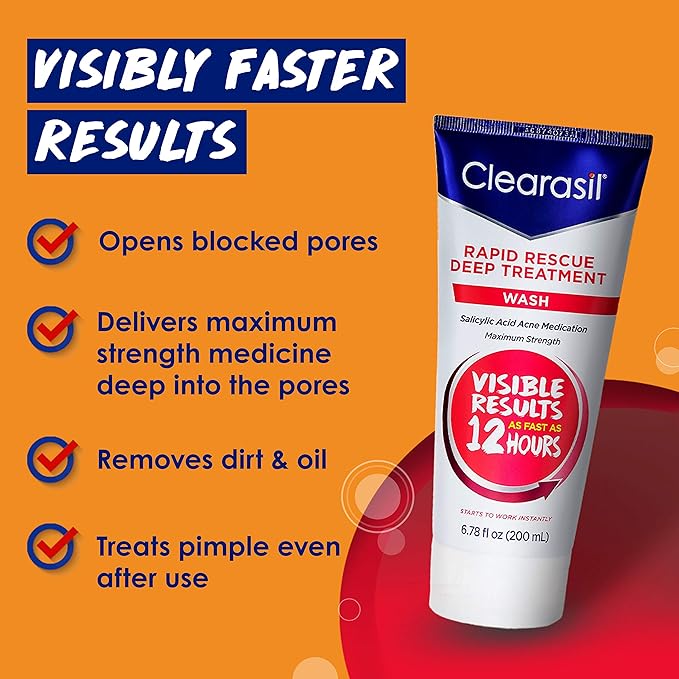 Clearasil Rapid Rescue Deep Treatment Acne FaceWash, Maximum Strength with 2% Salicylic Acid Acne Medication, AcneFacial Cleanser, 6.78 fl oz (Pack of 3)