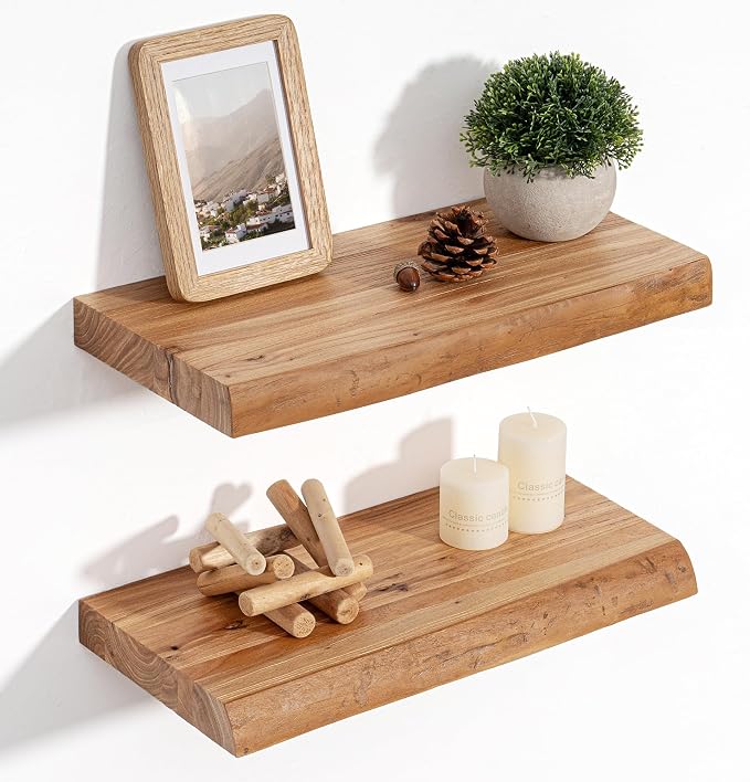 Floating Shelves for Wall Decor, Rustic Solid Elm Wood Live Edge Floating Shelves Wall Mounted, Wall Shelves with Invisible Bracket for Living Room Bathroom Bedroom Kitchen, 16 Inch Set of 2, Natural