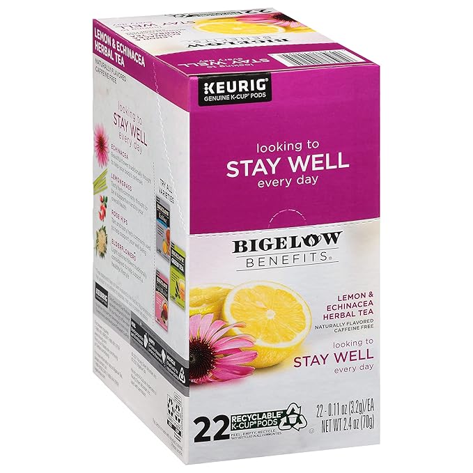 Bigelow Benefits Stay Well Lemon Echinacea Keurig K-Cups Pods Herbal Tea, Caffeine Free, 22 Count (Pack of 4), 88 Total K-Cup Pods