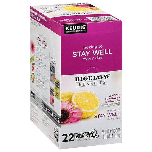 Bigelow Benefits Stay Well Lemon Echinacea Keurig K-Cups Pods Herbal Tea, Caffeine Free, 22 Count (Pack of 4), 88 Total K-Cup Pods