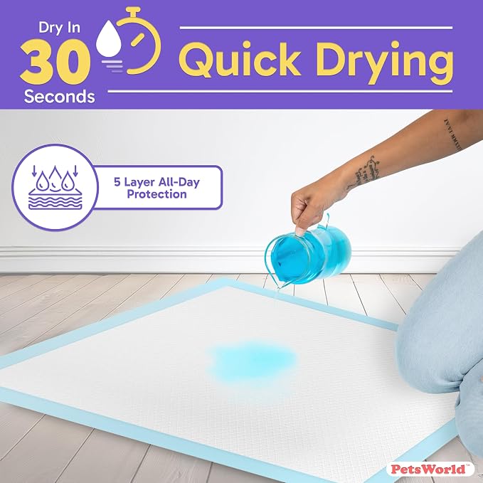 PetsWorld XL Dog Pee Pads 30"x36", 50-Count – Heavy Duty, Leak-Proof Potty Training Pads for Puppies & Large Dogs, Super Absorbent, Quick-Dry Disposable Pads with Odor Control