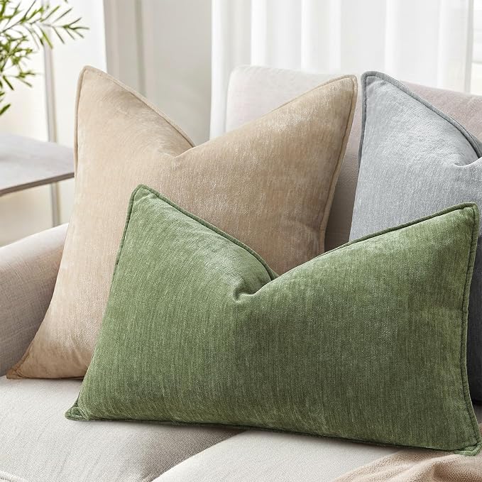 decorUhome Chenille Olive Green Velvet Throw Pillow Covers 12x20 Set of 2 | Fall Soft Lumbar Couch Decorative Modern Farmhouse Pillow Cases with Elegant Design for Sofa Bed Living Room Home Decor