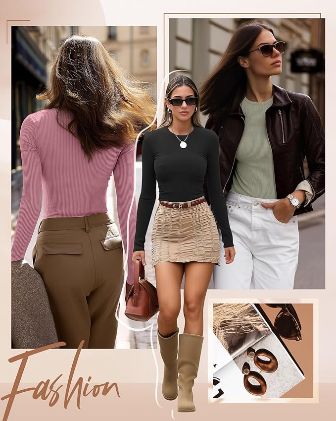 Ficerd 3 Pack Women's Ribbed Long Sleeve Tops, Crew Neck Slim Fit Undershirts Knit Basic Casual Stretch Layering Tee Shirts