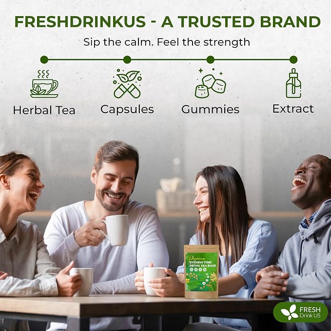 FreshDrinkUS, Evening Time Herbal Tea – 30 Tea Bags – Caffeine-Free Blend with Senna, Peppermint, Chamomile, Licorice, Ginger, Reishi Mushroom – Relaxing Herbal Infusion – Non-GMO & Natural
