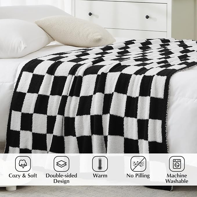 Soft Checkered Throw Blanket for Couch-Cozy Warm Knitted Blankets | Lightweight Warm Fluffy Decor for Women, Mom, Her & Girls, Sofa, Chair, Bed, 50x70in, Black and White