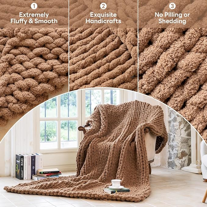 Chunky Knit Blanket - Luxury Soft Cozy 50 * 60 Throw Blanket,100% Woven Blanket Rope Knot Throw Blanket for Couch, Sofa, Home Decor, Gift - Machine Washable (Brown, 50 * 60)