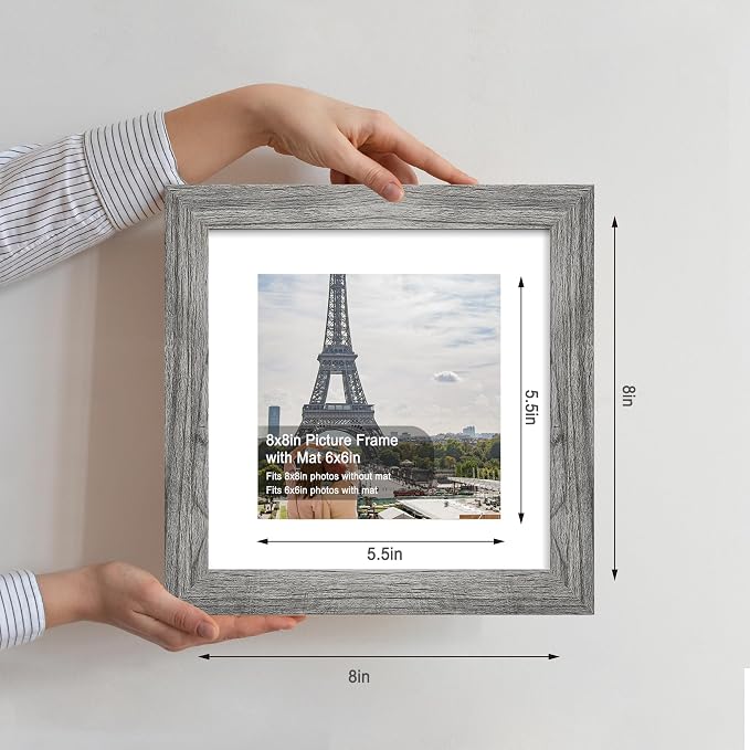 Hongkee 8x8 Picture Frames Set of 4, Made of Glass and Grey Wooden Frame - Display Picture 6x6 with Mat or 8 x 8 Without Mat, 8 by 8 Photo for Wall or Tabletop