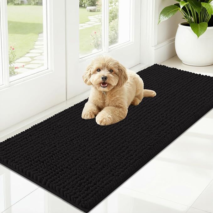 OLANLY Dog Door Mat for Muddy Paws 47x20, Extra Absorbent Chenille Mud Mat | Black, Absorbs Moisture and Dirt, Non-Slip Machine Washable Doormat, Quick-Drying Indoor Entryway Floor Mat for Dogs