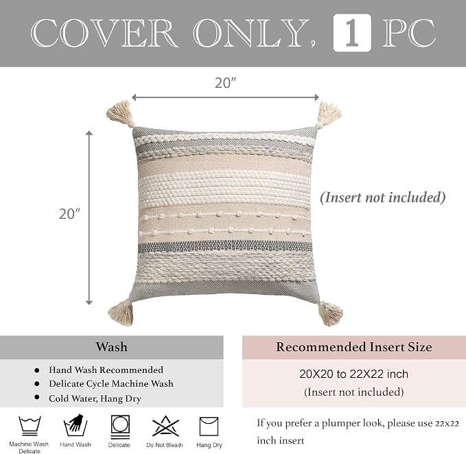 Gray Boho Throw Pillow Cover 20x20 Grey Decorative Accent Pillow for Couch Square Woven Textured Pillowcase Modern Farmhouse Pillow for Bed Bohemian Pillow Cover (Pack of 1)