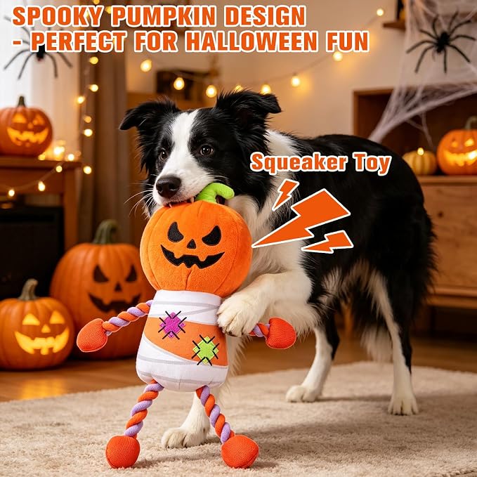 EXPAWLORER Halloween Dog Squeaky Toys - Interactive Funny Pumpkin Chew Toy
