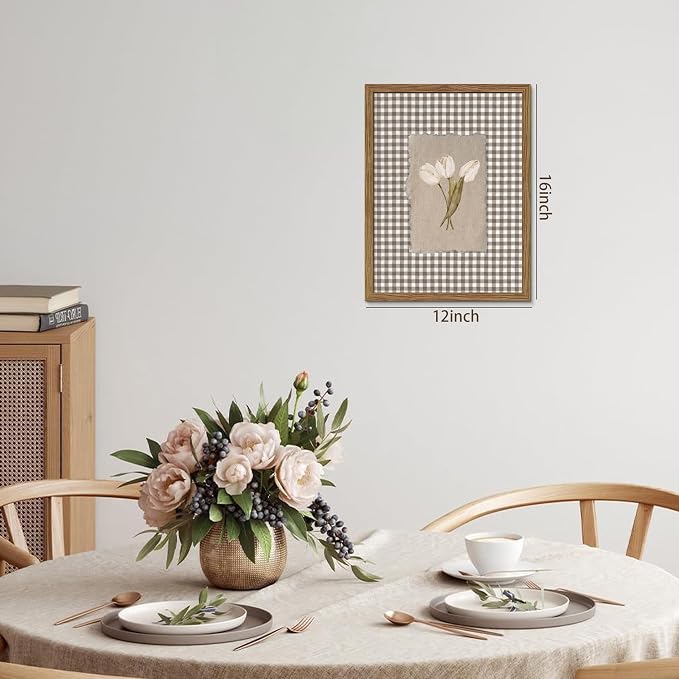 Vintage White Tulips Framed Canvas Wall Art – Brown Gingham Botanical Painting Print, Rustic Farmhouse Floral Picture for Living Room Bedroom Nursery Office Home Decor 12x16 inch