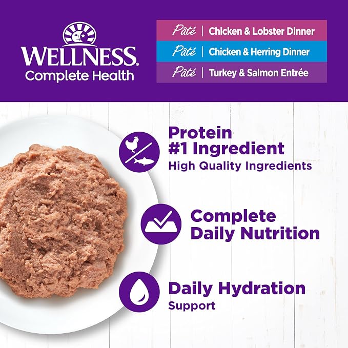 Wellness Complete Health Pate Variety Pack Adult Canned Wet Cat Food, Natural, Protein Rich, Grain Free, Seafood Favorites, 3 oz, Pack of 12 Cans
