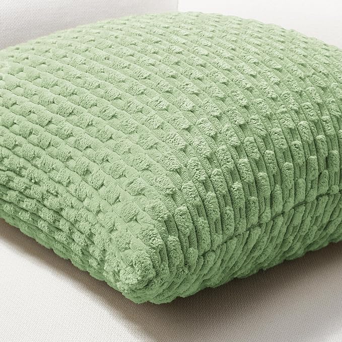 Softalker Corduroy Decorative Throw Pillow Covers 18x18, 2 Pack, Sage Green | Soft Boho Striped Pillow Cases, Couch Fluffy Cushion Covers for Farmhouse Home Decor Bed Living Room