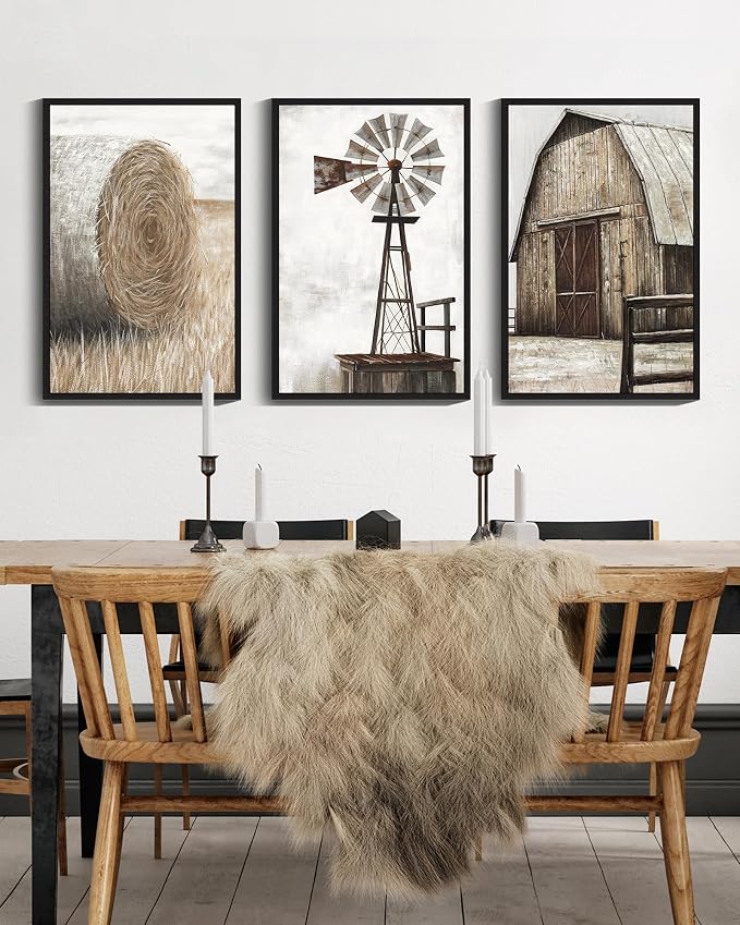 Drsoum Farmhouse Wall Art Vintage Rustic Windmill Barn Cornfield Pictures Framed Painting Landscape Countryside Rural Canvas Artwork Home Decor Ready to Hang 16x24in - Black Framed