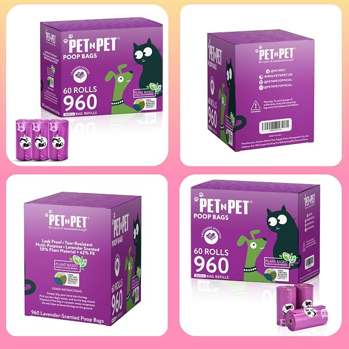Pet N Pet Dog Poop Bags Rolls, 960 Count Dog Waste Bags, Lavender Scented