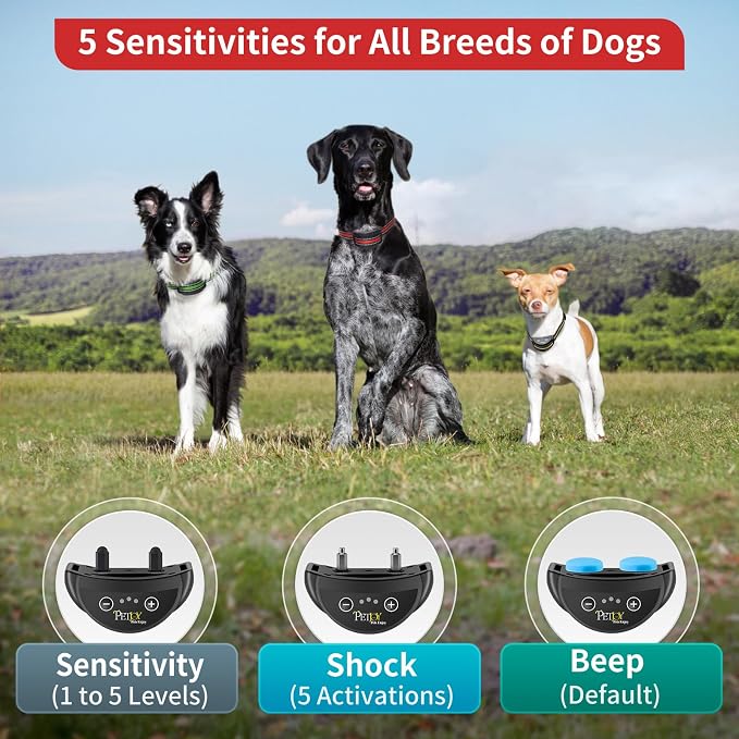 PetJoy Dog Bark Collar 3 Pack, Barking Collars with 5 Adjustable Levels of Sensitivity, Smart Automatic Bark Collar with 7-Stage Escalating Beep-to-Shock Correction