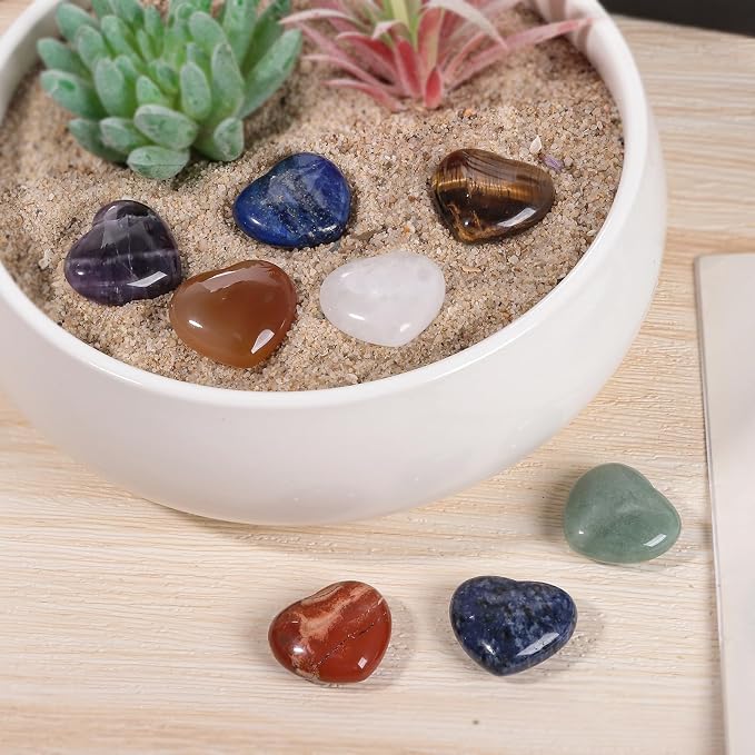 SUNYIK Assorted Natural Gemstones Carved Puff Heart Pocket Stone Set, Healing Palm Crystal Set for Christmas, Pack of 8(1.1")