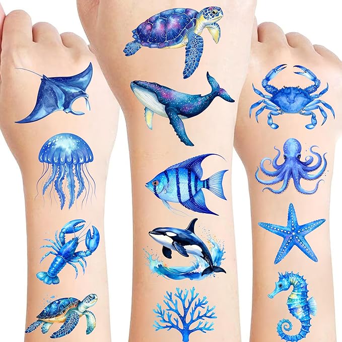 96 PCS Ocean Animals Pre–Cut Temporary Tattoos for Kids, Underwater Sea Creature Tattoos for Birthday Party Supplies Under The Sea Turtle Tattoo Stickers for Kids Boys Girls Party Bag Filler