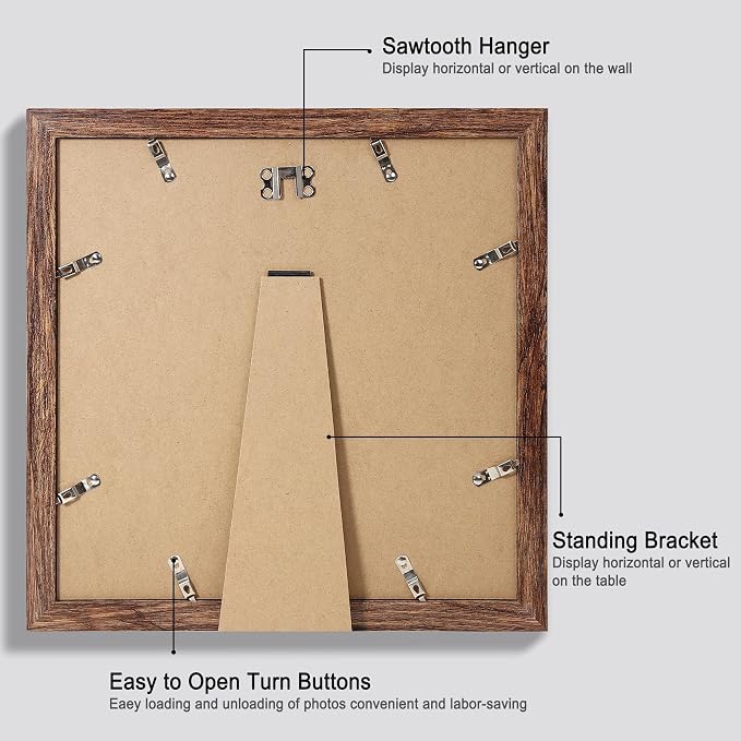 Hongkee 12x12 Picture Frame Set of 4 - Made of Glass and Rustic Brown Wooden Frame, Display Square Pictures 10x10 with Mat or 12 x 12 without Mat, Desktop & Wall Collage Photo Frame