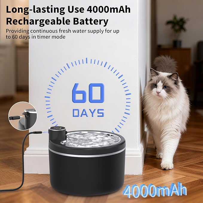 Cat Water Fountain Cordless, 108oz/3L Pet Fountains for Cats Indoor with Stainless Steel Tray, Battery Operated Cat Drinking Fountain with Motion Sens