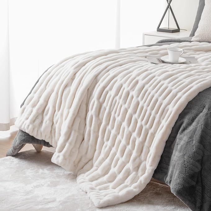 BATTILO Soft Ivory Faux Fur Throw Blanket for Couch, 50"x60", Double Side