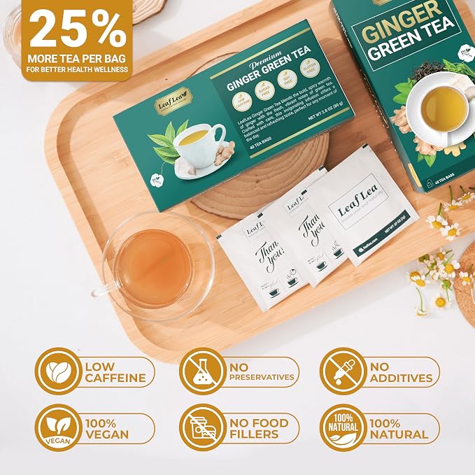 LeafLea Ginger Green Tea Bags, Digestion & Immune Support, 80 Count, 2-Pack | Real Ginger Root In A Smooth Green Tea Blend, Lightly Stevia-Sweetened, Vegan, Non-GMO, Low Caffeine