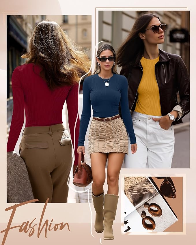 Ficerd 3 Pack Women's Ribbed Long Sleeve Tops, Crew Neck Slim Fit Undershirts Knit Basic Casual Stretch Layering Tee Shirts