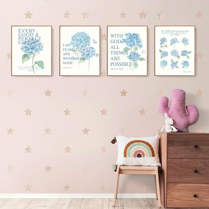 LARTSFRO Hydrangea Floral Bible Wall Art Decor Posters, Blue Floral Spring Christian Room Bathroom Bedroom Dorm Wall Art Decor Aesthetic for College Teen Girls Gifts, Inspirational Bible Verses Wall Decor, 10x8 Inch Set of 4 Pcs Hydrangea Pictures (UNF...