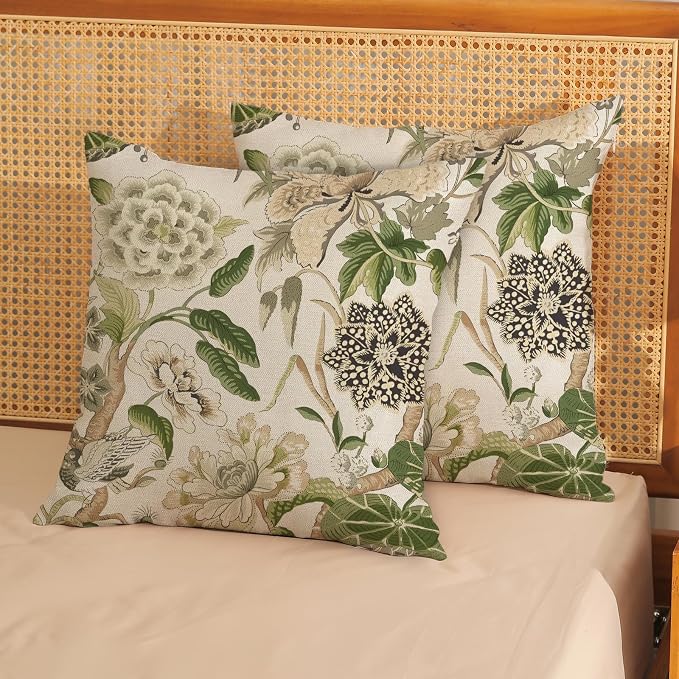 Green Pillow Covers 18x18 Inch Set of 2 Vintage Green Floral Throw Pillows Chinoiserie Flower Decorative Pillow Cases Outdoor Linen Farmhouse Cushion Covers for Couch Sofa Decorations