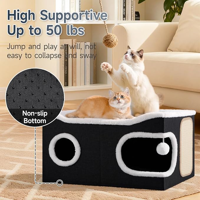 Shikha Extra Large Cat House Bed for Multi Cats with Scratch Pad Black | 24 x 17.7 x 12.6 IN Widen Cat Cave Cube for Multi Pets, Foldable, Arc-Edge Design, Oval Door, All Seasons Reversible Cushion