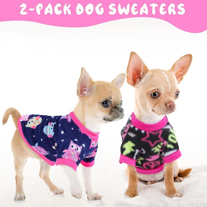2 Pieces Dog Sweaters for Small Dogs Girl Fleece Puppy Sweater for Teacup Chihuahua Yorkie Clothes Soft Warm XS Dog Clothes Doggie Pet Outfit Cute Print, Rose, Pink