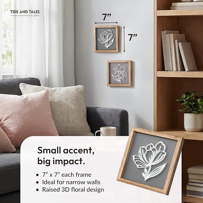 Tide and Tales 3D Botanical Floral Wall Art (Framed Set of 2) Ready-to-Hang Lightweight Boho Decor for Walls, Nature-Inspired Home Decorations with Natural Earthy Tones for Bedroom or Bathroom